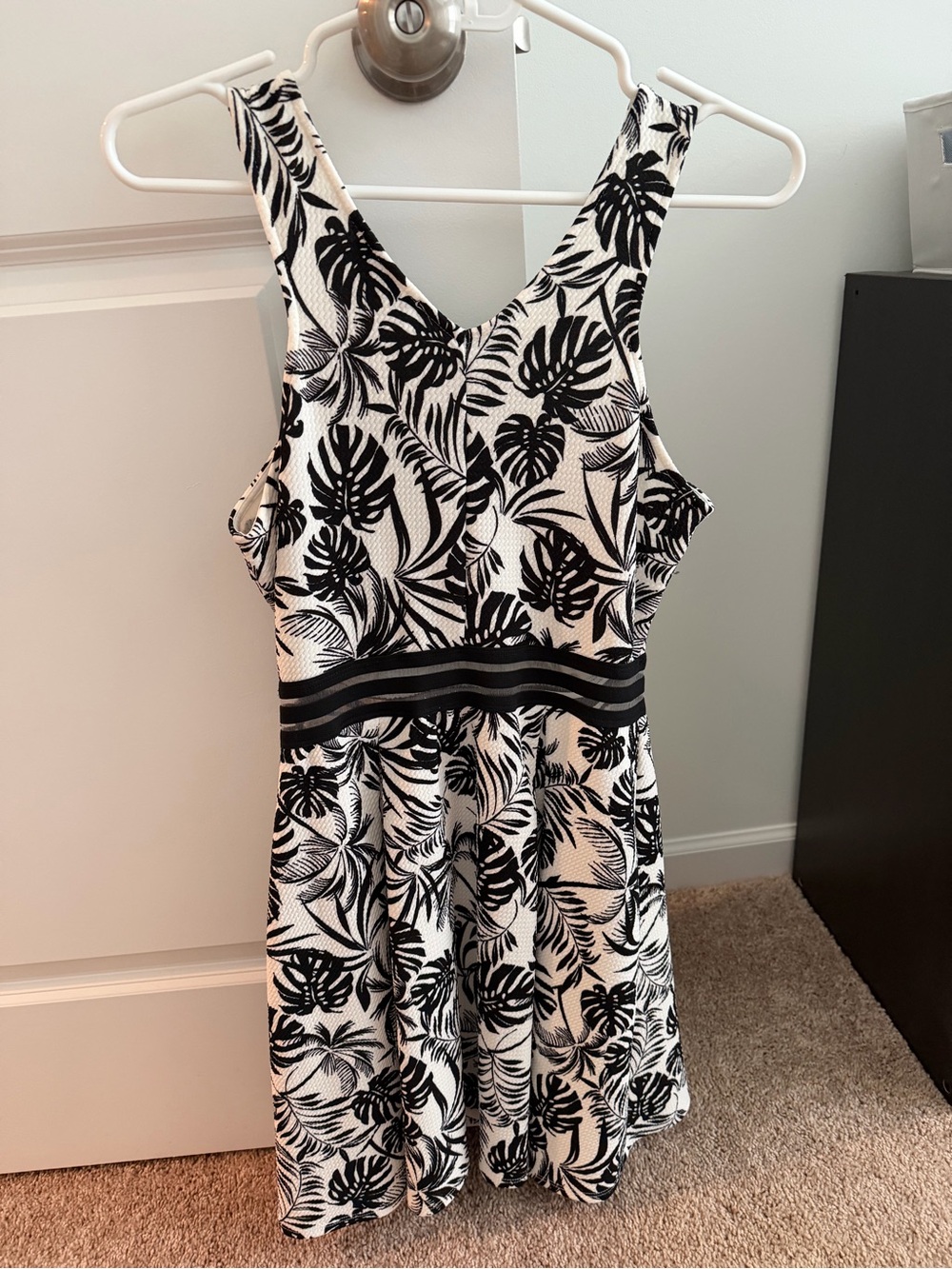 Aqua Brand, Black & White Tropical Print Mini Dress. Vacation ready!